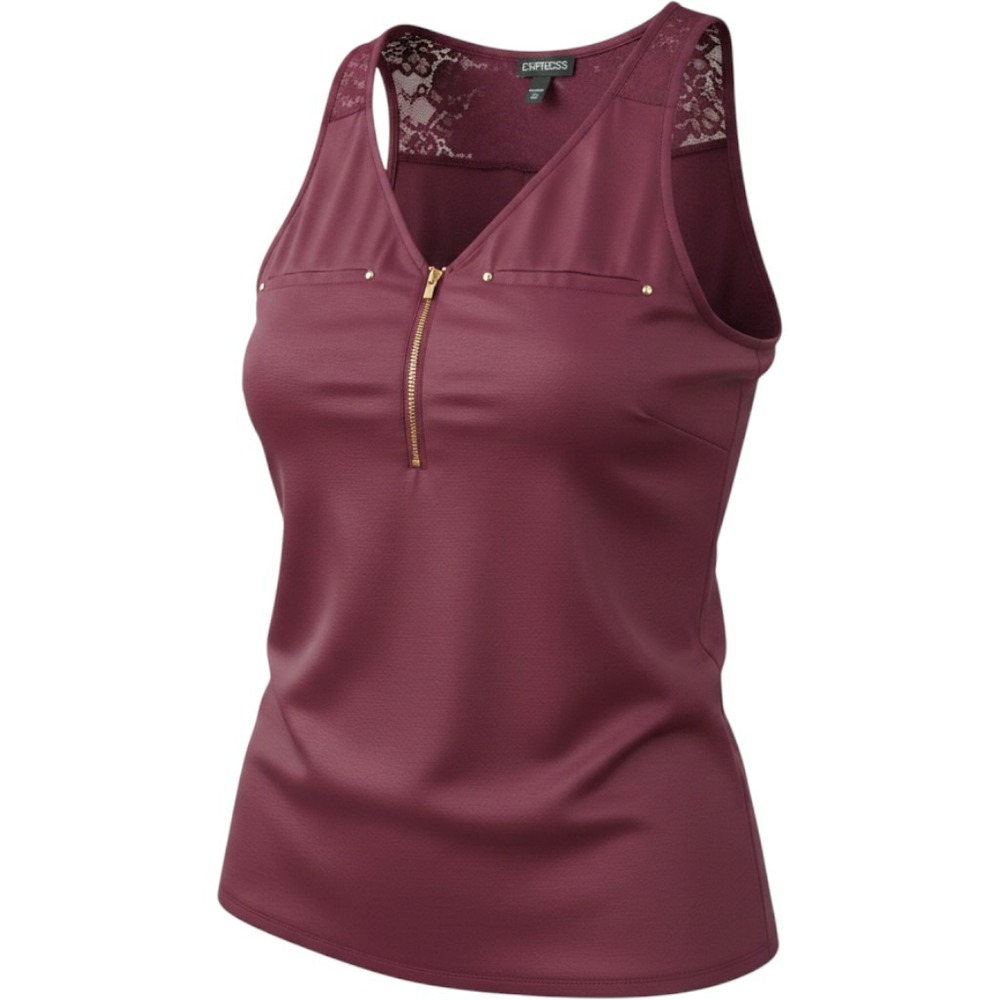 Express Womens Sleeveless V-Neck Zip Front Blouse Maroon Medium